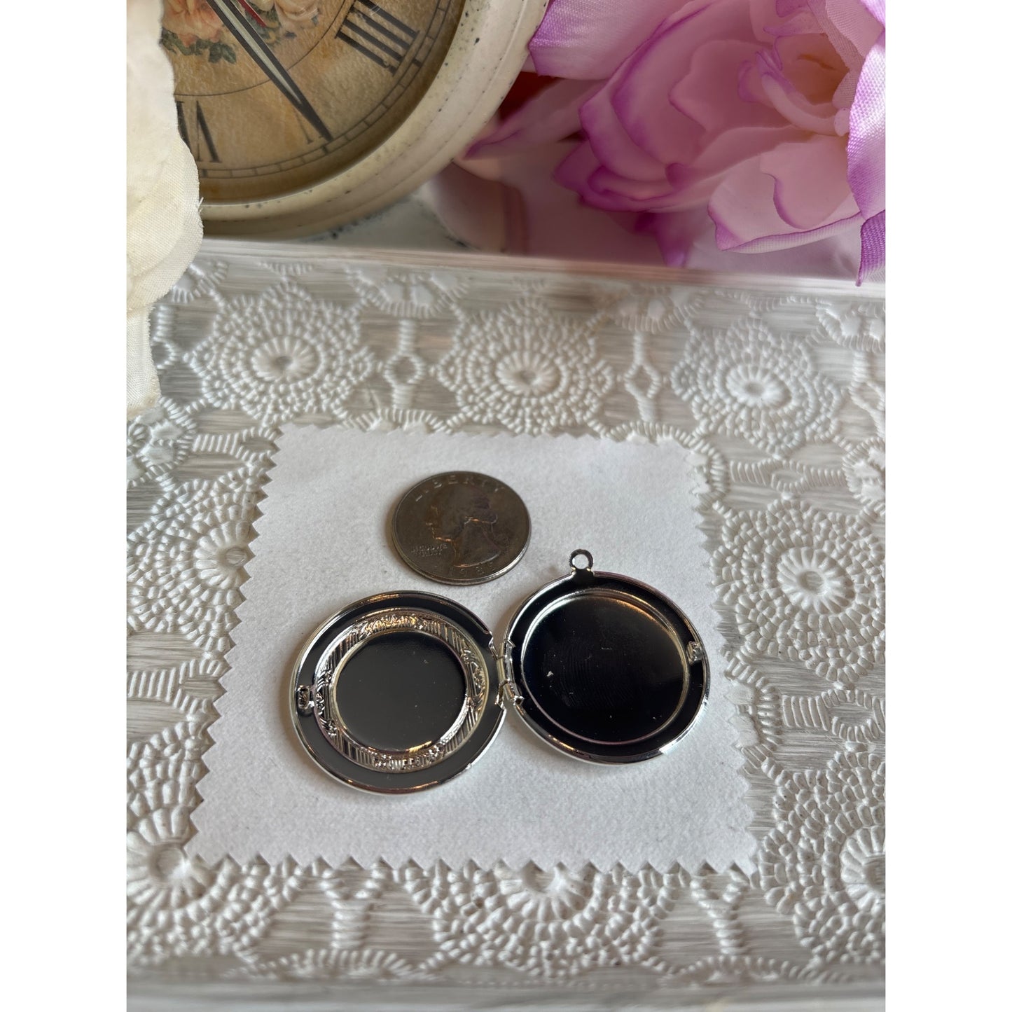 Vintage Silver Pressed Red Poppy Flower Medallion Locket Pendant