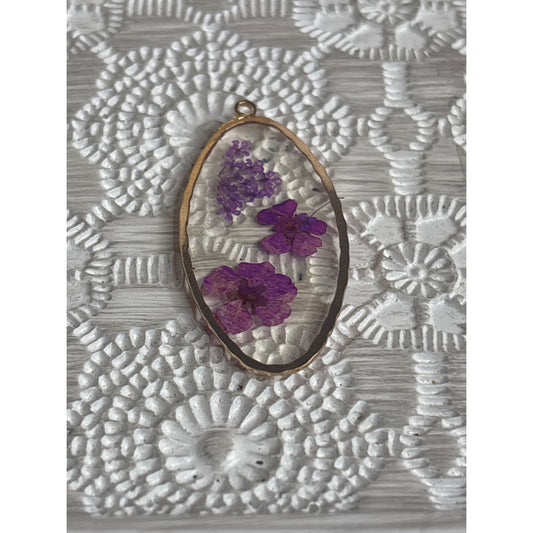 Pressed Flower Resin Pendant With Gold Tone Frame Oval Real Purple Flowers