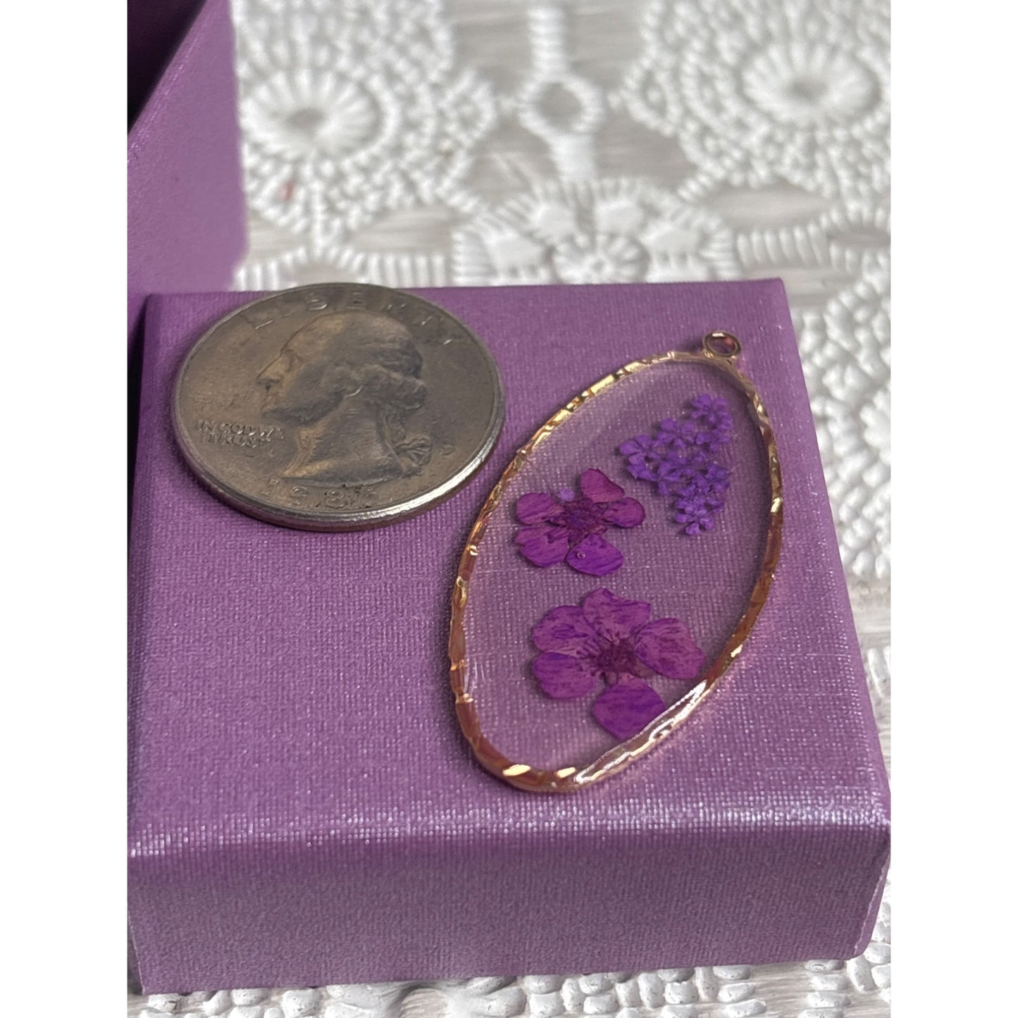 Pressed Flower Resin Pendant With Gold Tone Frame Oval Real Purple Flowers