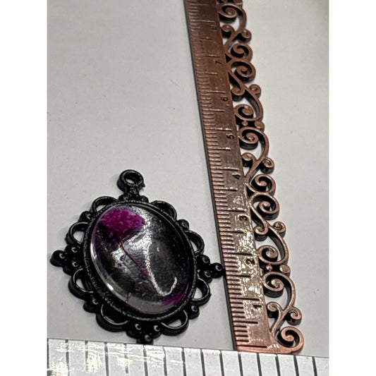 Real Pressed Pink Flower Encased in Resin; Black Pendant with 18" Chain