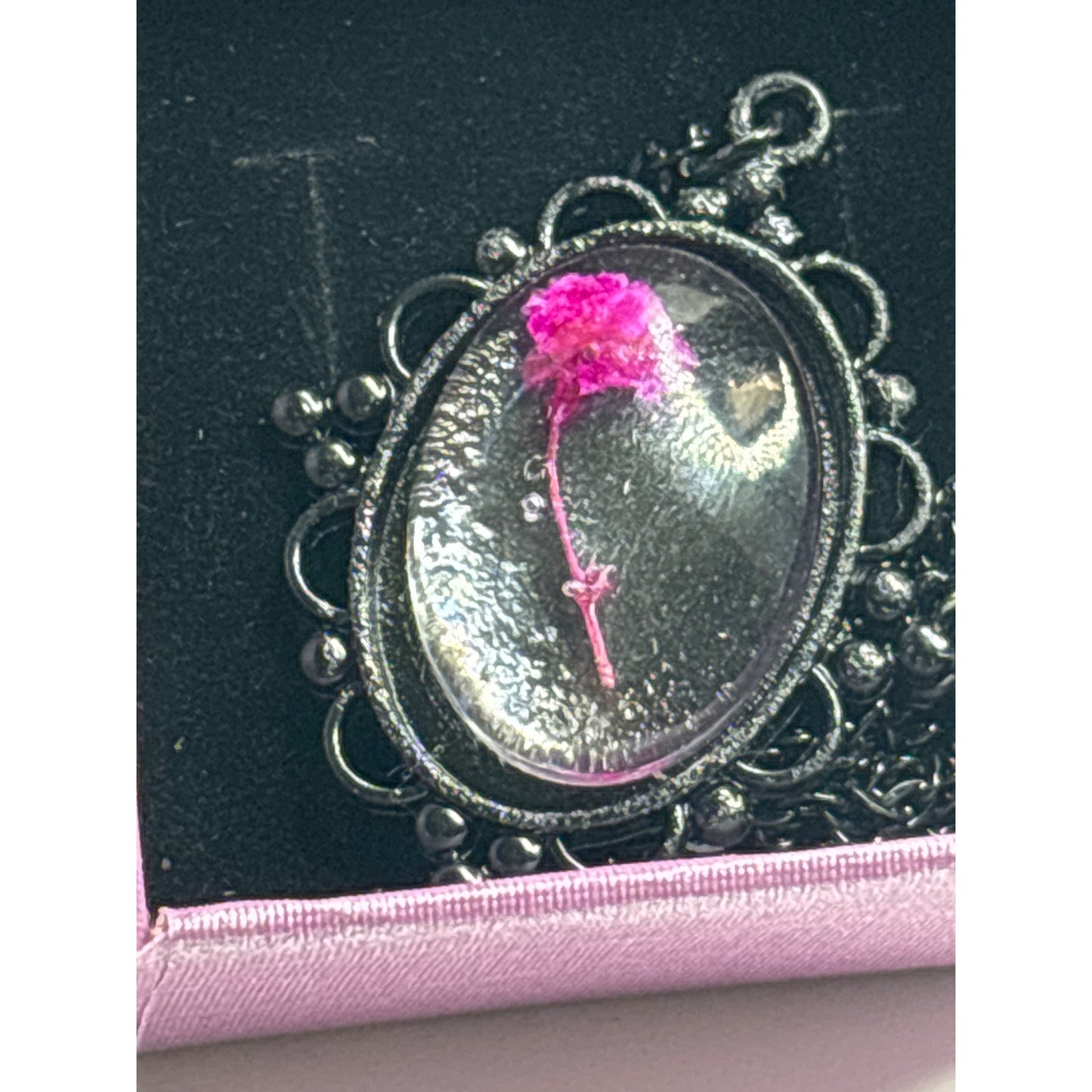 Real Pressed Pink Flower Encased in Resin; Black Pendant with 18" Chain