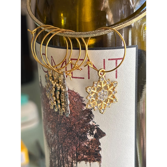 Gold Snowflake Wine Glass Charms Set With Rhinestones & Enamel - Elegant Party Drink Markers