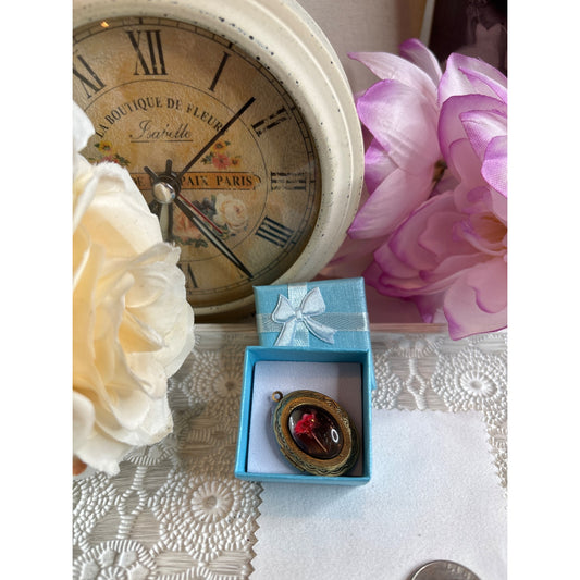 Memorial Jewelry: Vintage Oval Photo Locket Pendant Pressed Red Flower