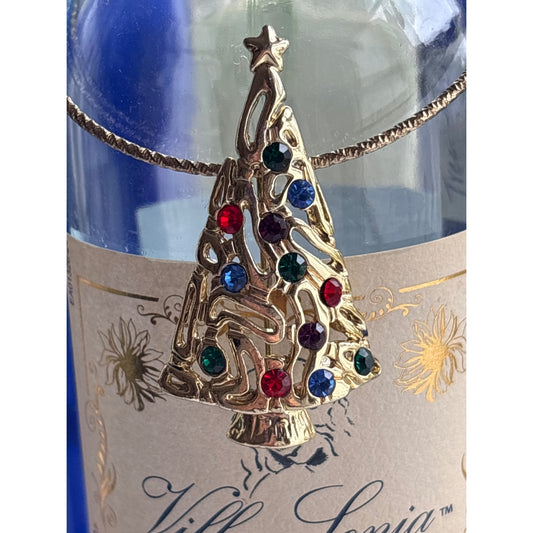 Gold-Tone Christmas Tree Wine Bottle Jewelry With Multicolored Rhinestones & Beaded Chain Accent