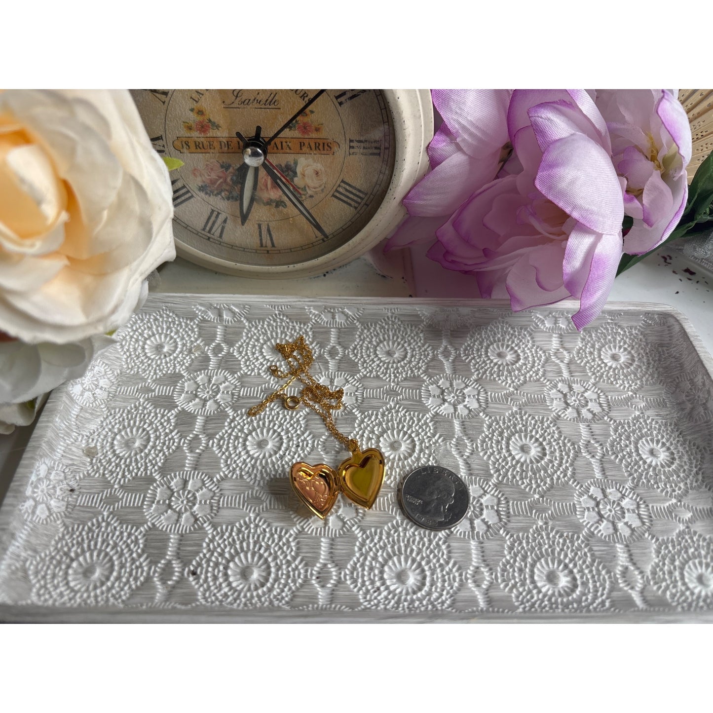 Gold Tone Heart Locket Necklace With Floral Engraving & Chain In Gift Box