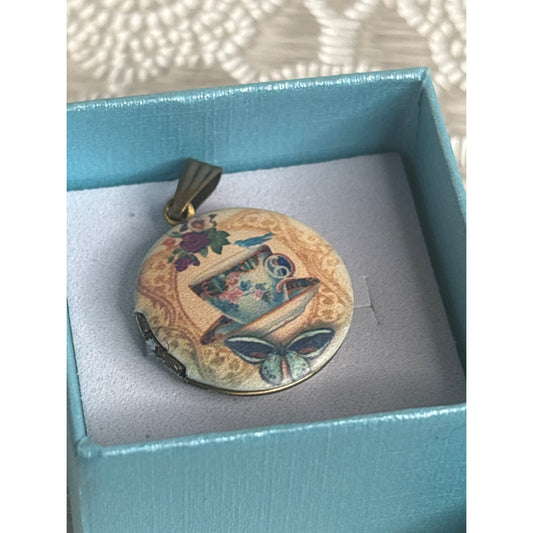 Vintage Photo Locket: Brass Round Tea Cup Bluebird Butterfly Cozy Handpainted