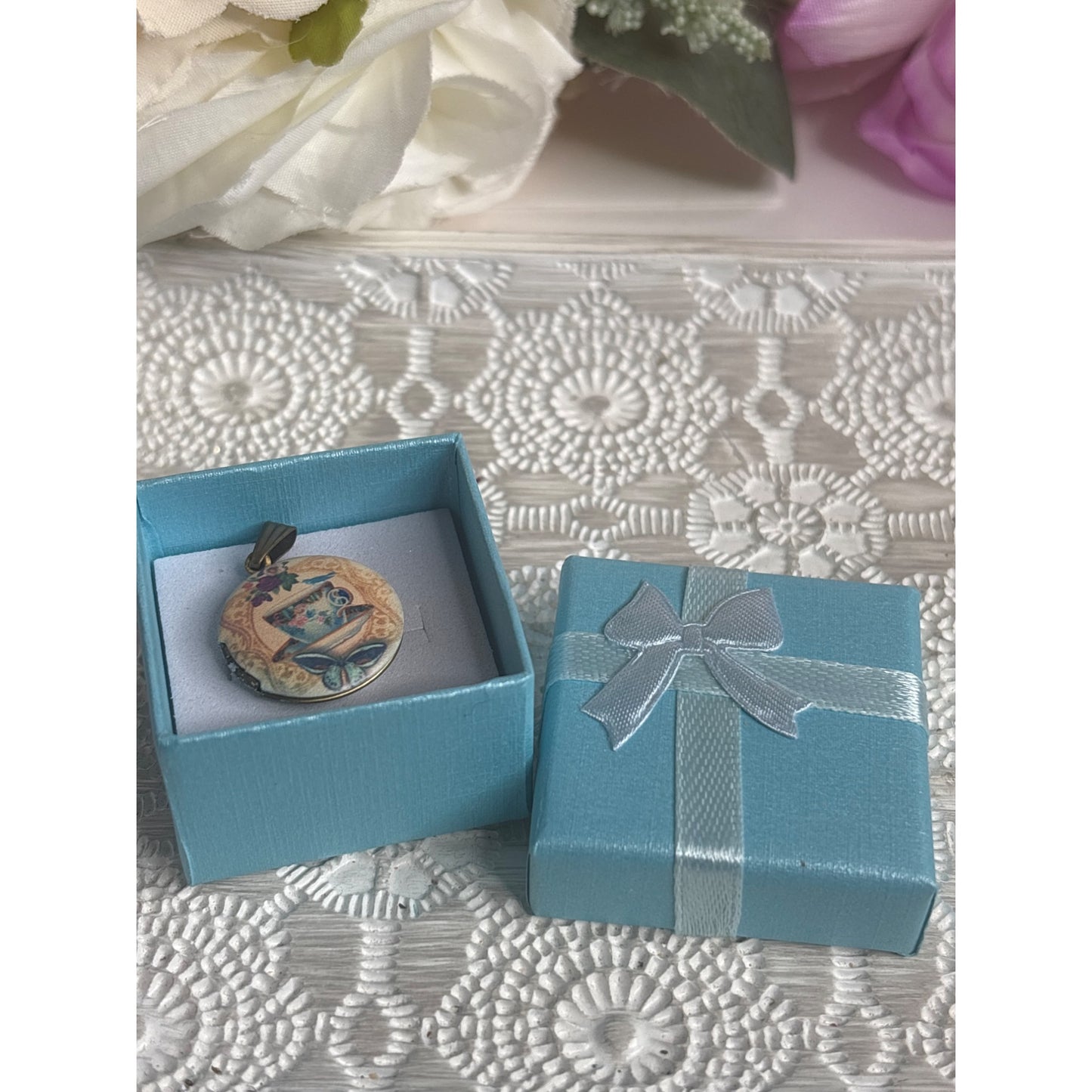 Vintage Photo Locket: Brass Round Tea Cup Bluebird Butterfly Cozy Handpainted