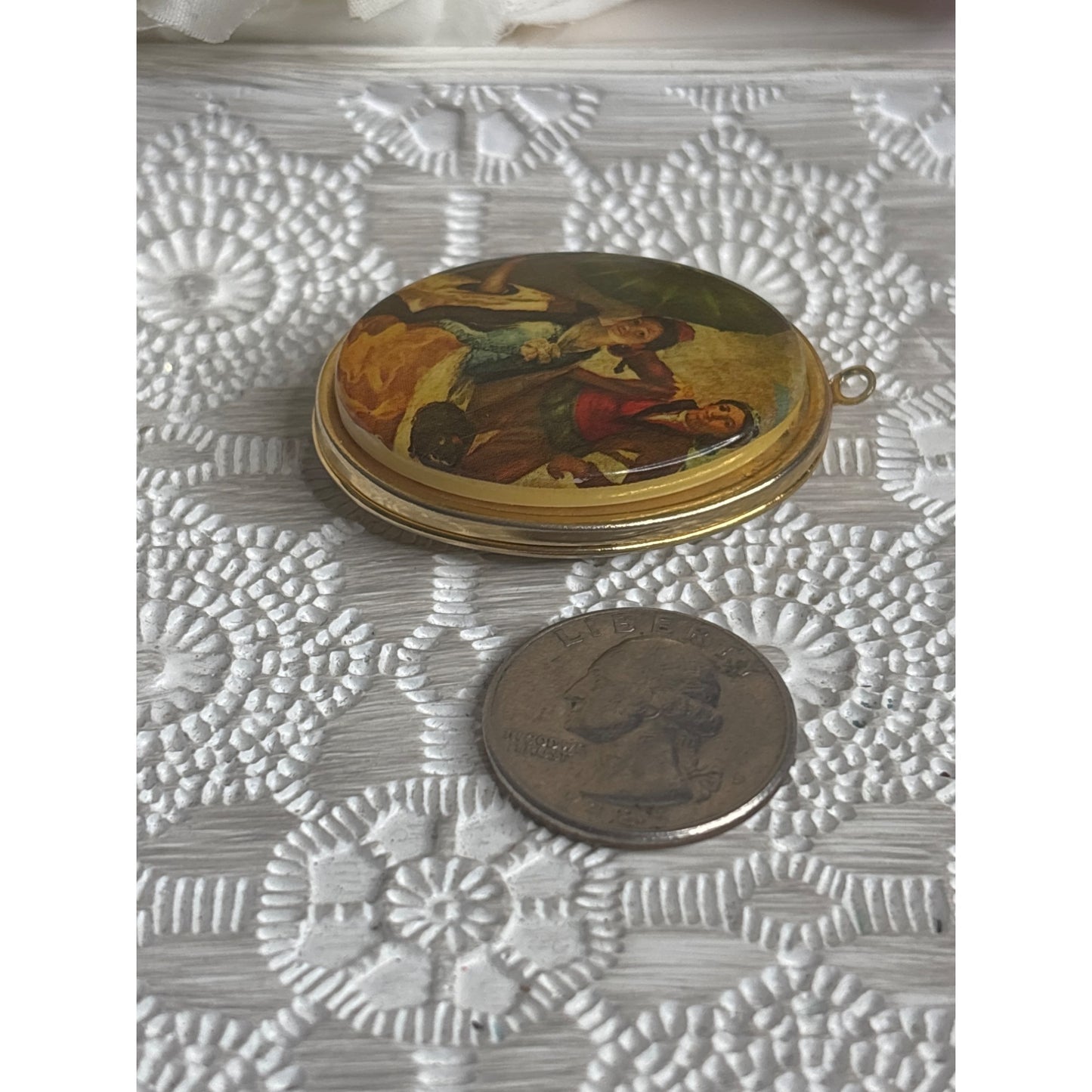 Vintage Gold Tone Oval Locket With Painted Scene Of Couple & Umbrella Hinged Design Holds Two Photos