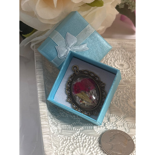 Handmade Oval Bronze Pendant Real Dried Flowers & Vintage Lace