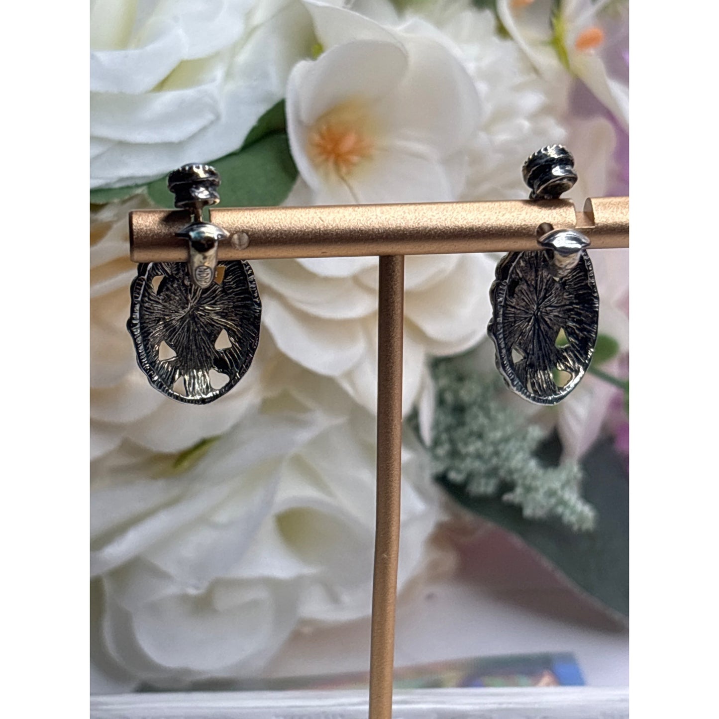 Avon Silver-Tone Oval Earrings With Blue Stone & Floral Design Vintage Jewelry