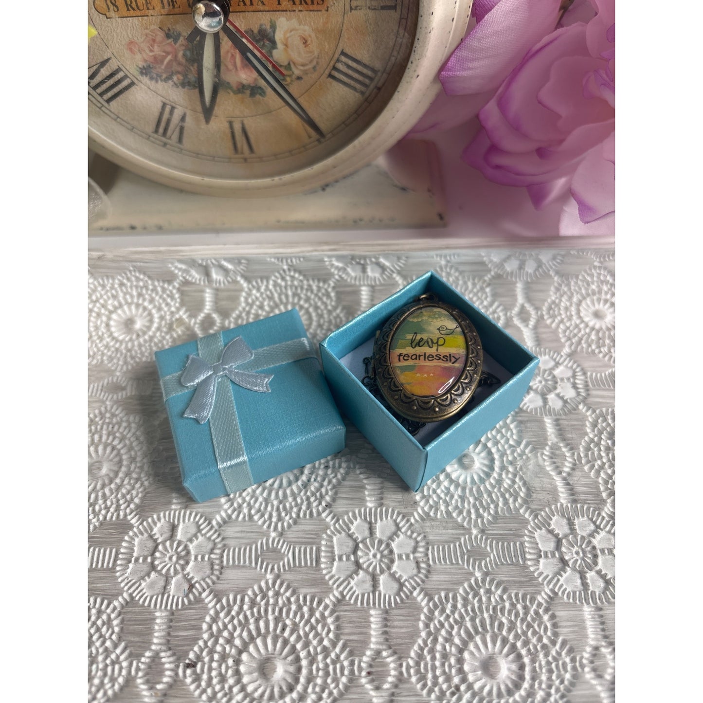 Antique Photo Keepsake: Bronze Locket Necklace With "Leap Fearlessly" Quote & Chain