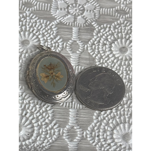 Vintage Silver Botanical Pressed Flower Locket Pendant Oval Ornate Design