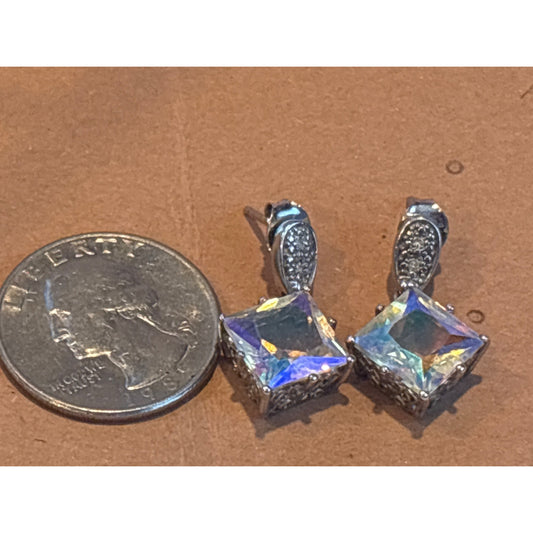 Aurora Borealis 925 Sterling Silver Drop Earrings Intricate Filigree Design Square Gemstones