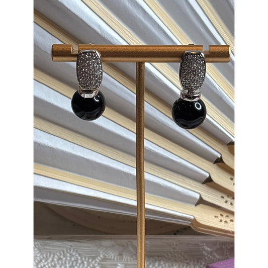 Sterling Silver 925 Black Onyx Drop Earrings With Pave Crystal Accents Vintage-Inspired Design