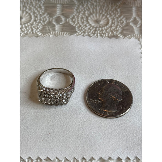 Vintage Silver Tone Multi-Row Rectangle Rhinestone Ring With Gift Box