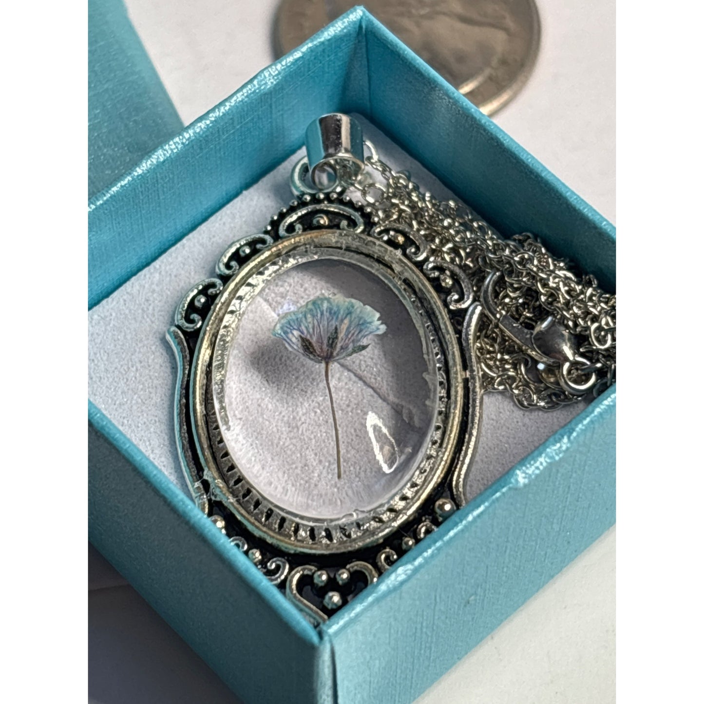 Blue Pressed Flower Necklace — 18x25mm Silver Pendant | Real Flower Jewelry • Meaningful Gift • Botanical Keepsake