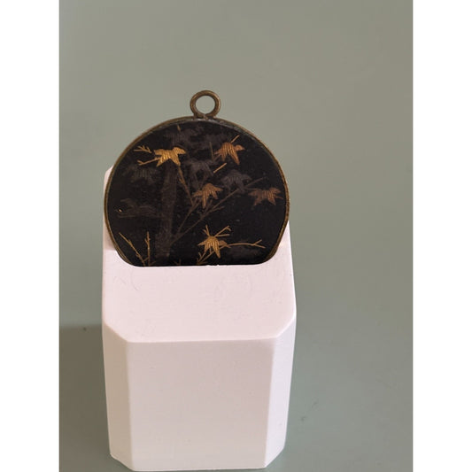 Vintage Japanese Maki-e Style Pendant – Gold Birds & Bamboo on Black Lacquer