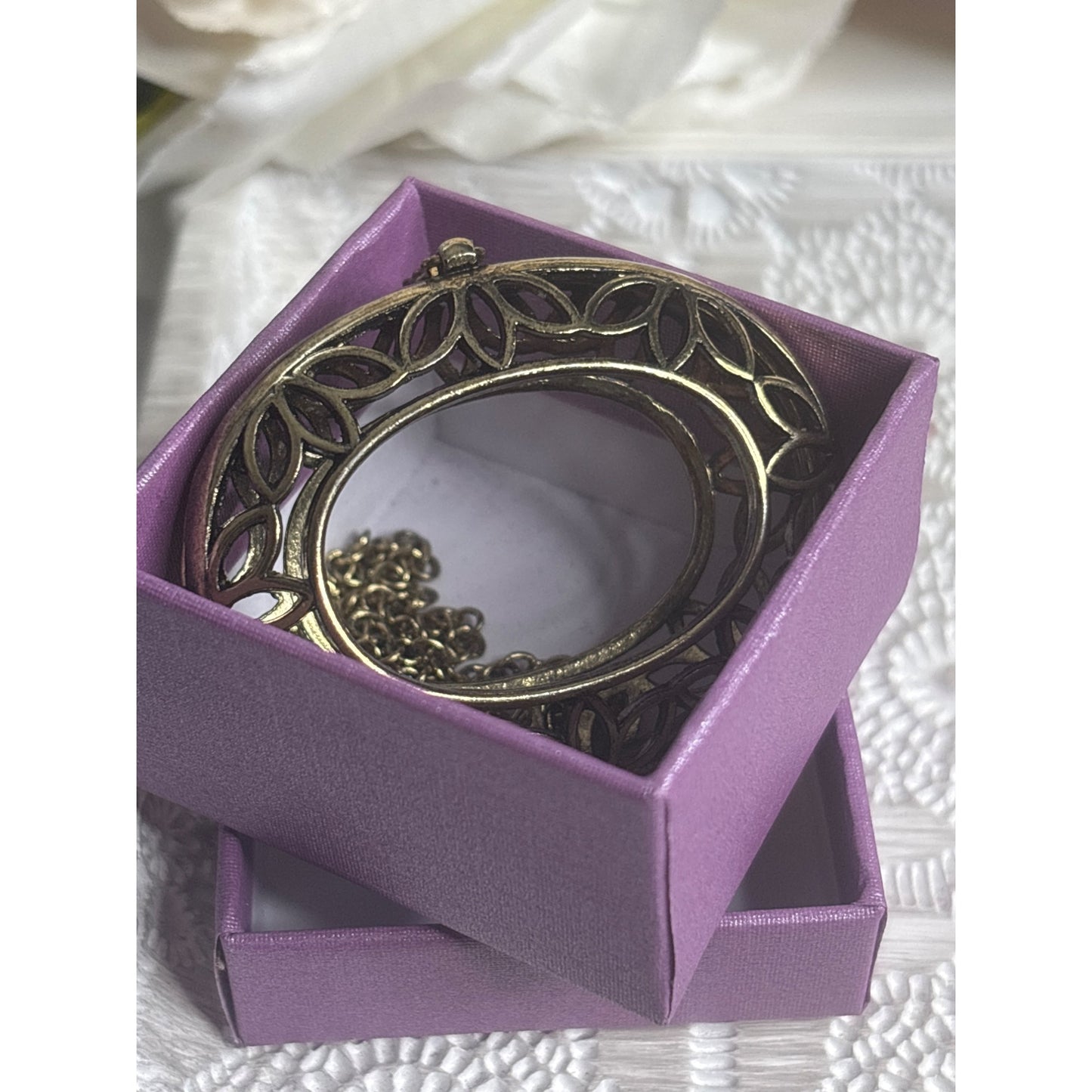 Vintage Brass Oval Filigree Locket Pendant Necklace