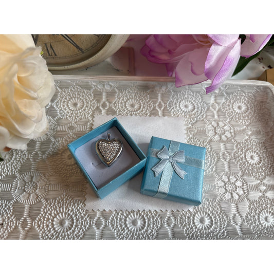 Silver Tone Heart Locket Pendant With Rhinestones & Gift Box