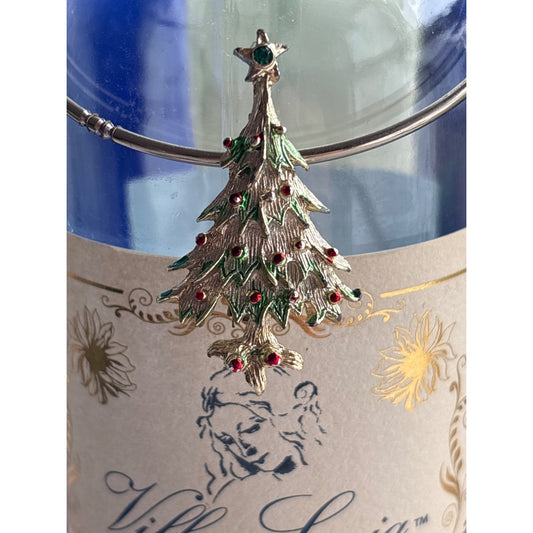Vintage Gold-Tone Christmas Tree Wine Bottle Charm With Red & Green Accents