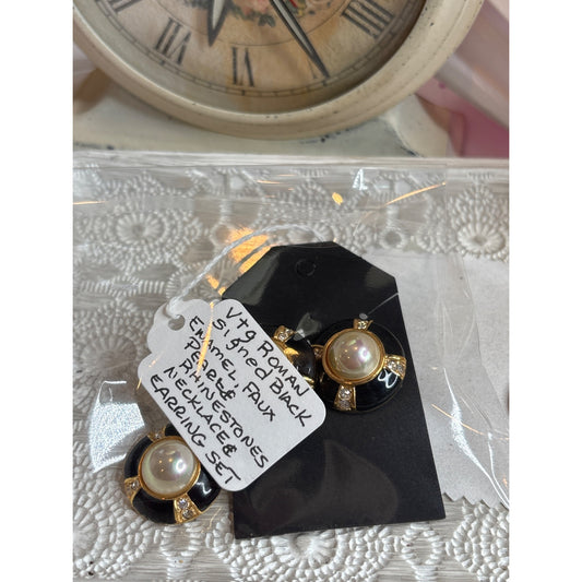 Vtg Roman Black Enamel Faux Pearl Rhinestone Necklace & Earring Set Signed Jewelry