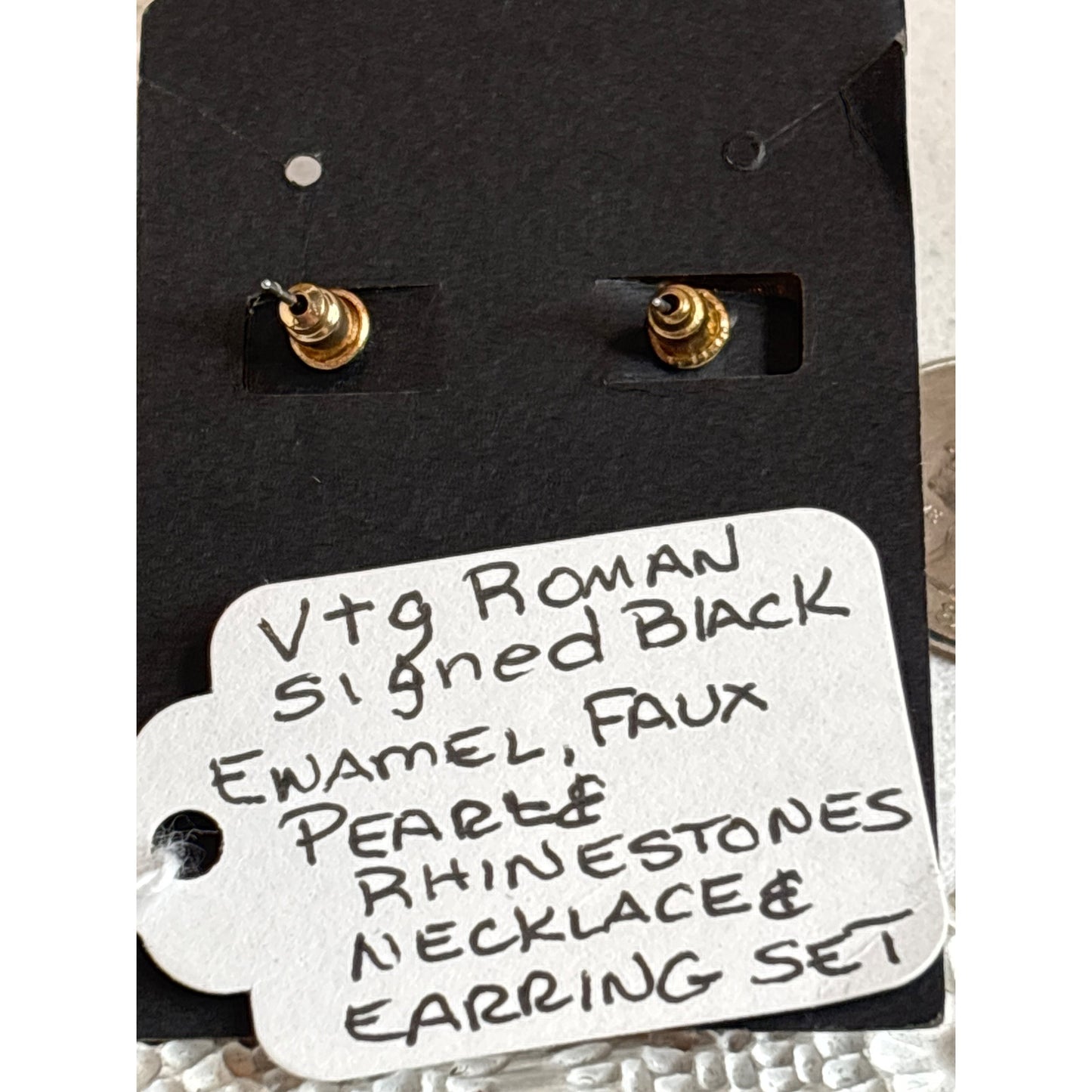 Vtg Roman Black Enamel Faux Pearl Rhinestone Necklace & Earring Set Signed Jewelry