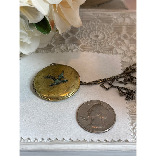Mourning Jewelry: Antique Brass Locket Necklace Swallow