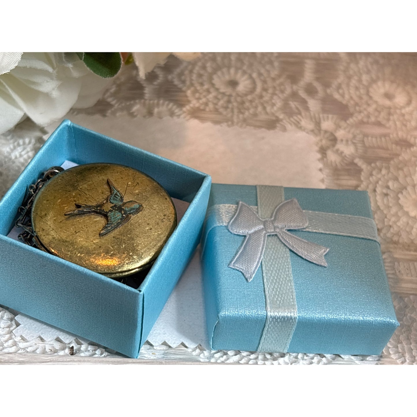 Mourning Jewelry: Antique Brass Locket Necklace Swallow