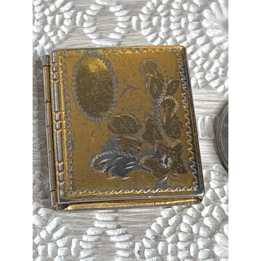 Antique Gold-Tone Book Locket with Floral Etching — Timeworn Patina & Vintage Charm