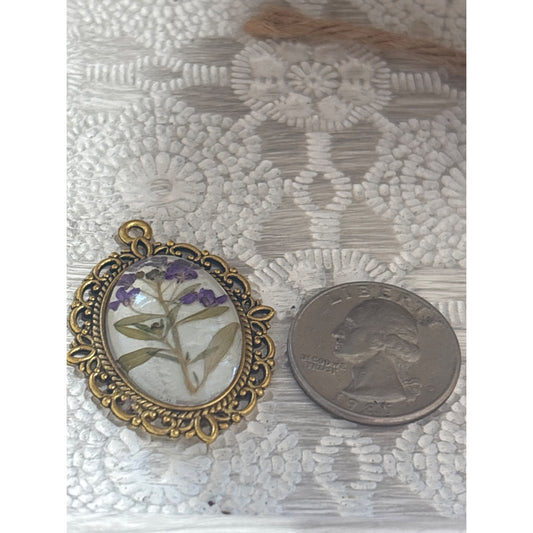 Handmade Oval Brass Pendant Real Purple Wildflower Sprig Nature's Poetry