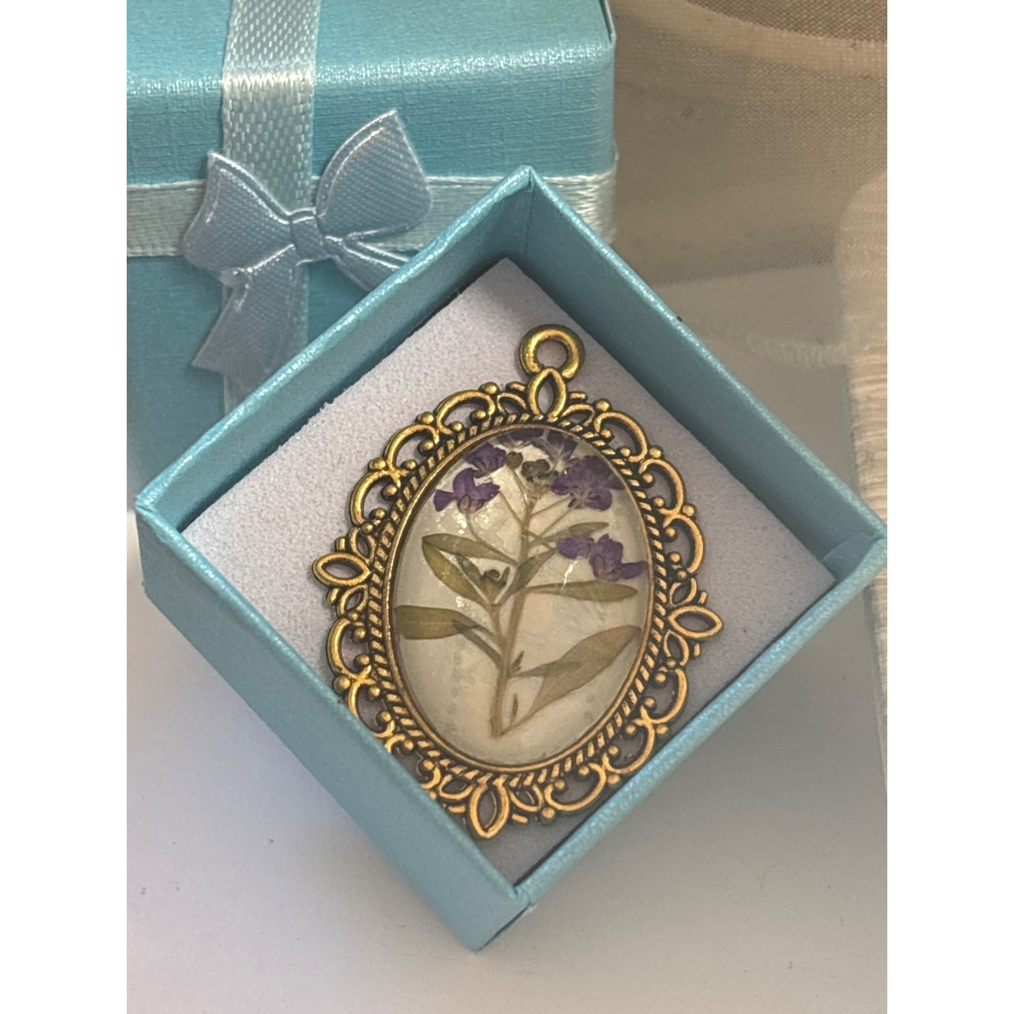 Handmade Oval Brass Pendant Real Purple Wildflower Sprig Nature's Poetry
