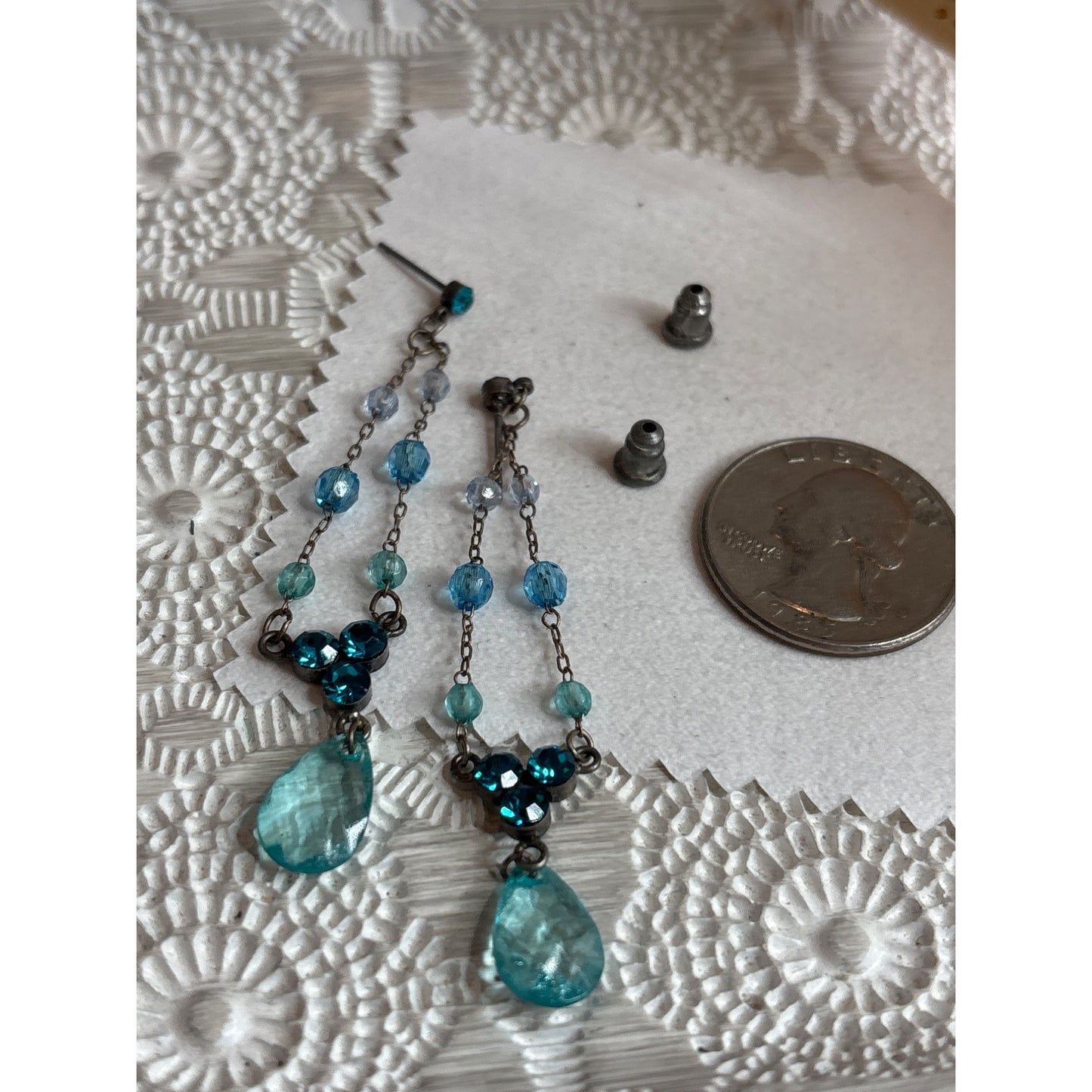 Vintage Silver-Tone Drop Earrings With Blue Crystal Beads & Teardrop Accents