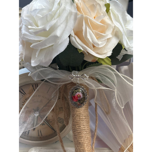 Handmade Dried Flower Oval Brooch Silver Bowl Bridal Bouquet Mourning Jewelry