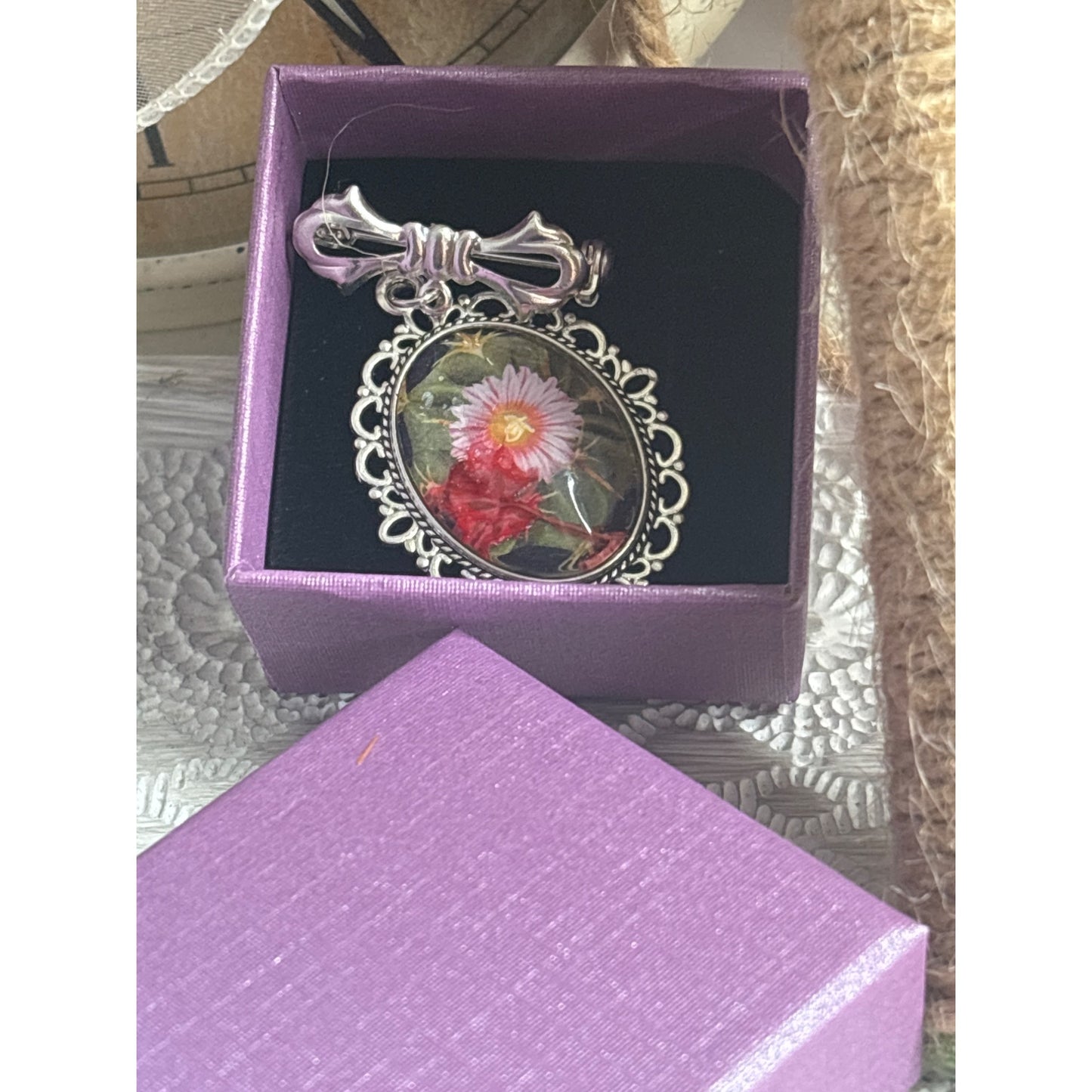 Handmade Dried Flower Oval Brooch Silver Bowl Bridal Bouquet Mourning Jewelry