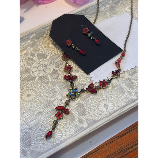 Vintage Avon Red and Green Rhinestone Necklace & Earrings Set Floral Detail
