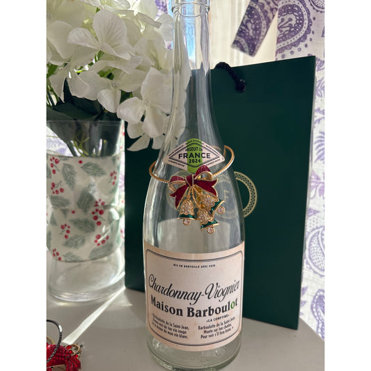 Red Ribbon Gold Bells | Wine Bottle Jewelry by Reimagined from the Chateau | Handcrafted with Love