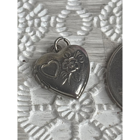 Vintage Miniature Heart Locket For Dolls Silver-Tone Metal With Floral Etching