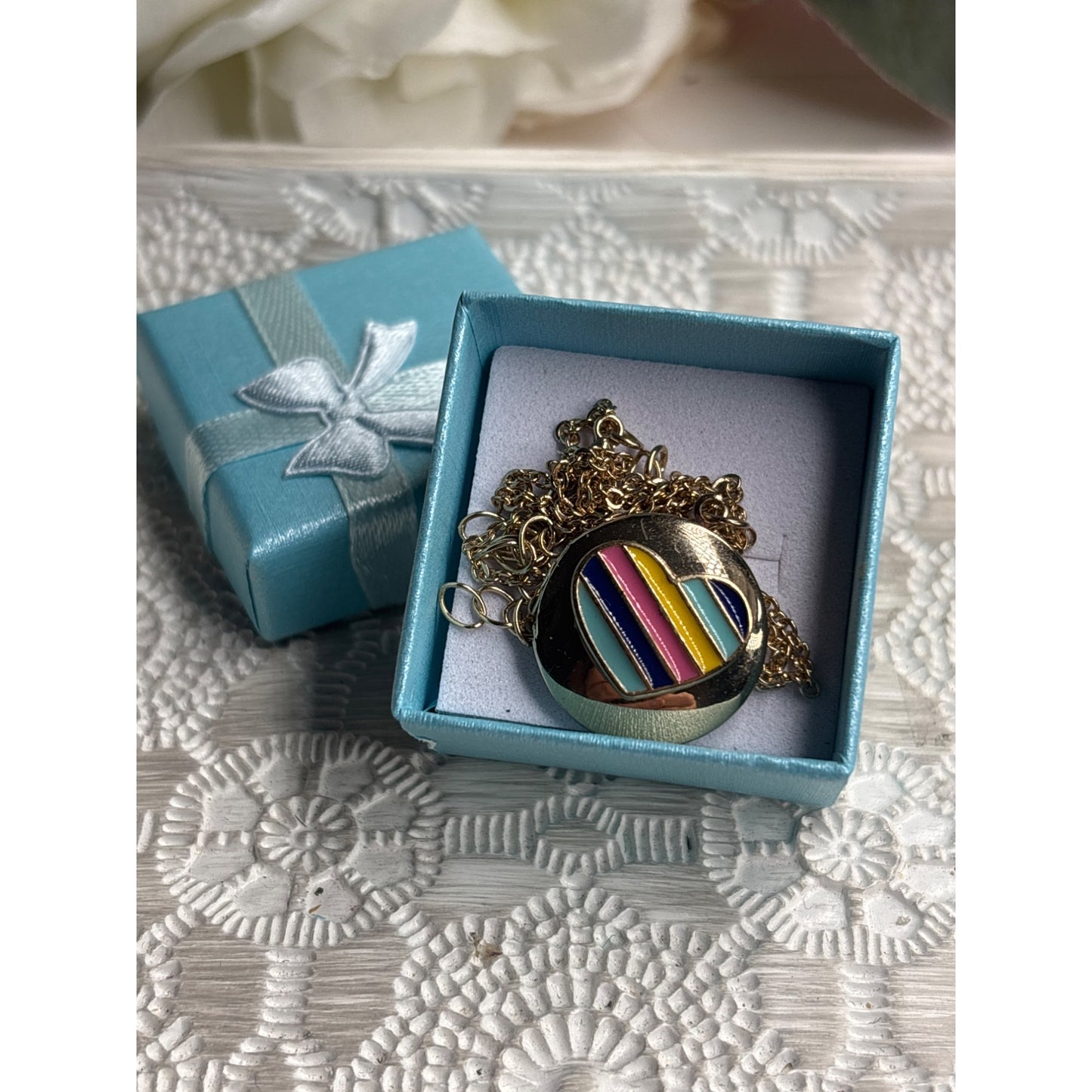 Vintage Style Gold Tone Rainbow Pride Enamel Heart Locket Necklace