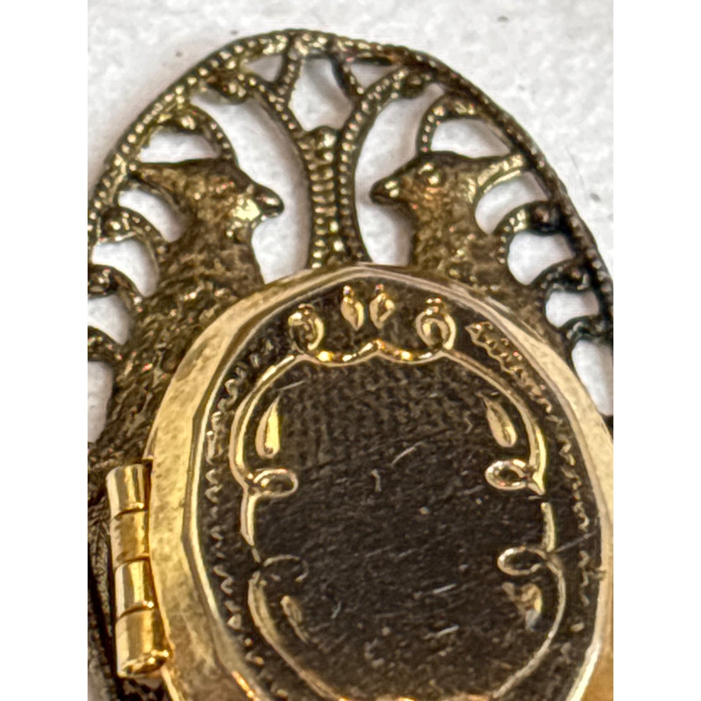 Vintage Gold & Brass Oval Locket Pendant With Filigree Deer Design In Gift Box