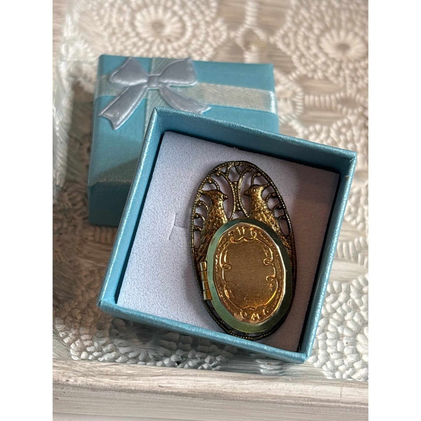 Vintage Gold & Brass Oval Locket Pendant With Filigree Deer Design In Gift Box