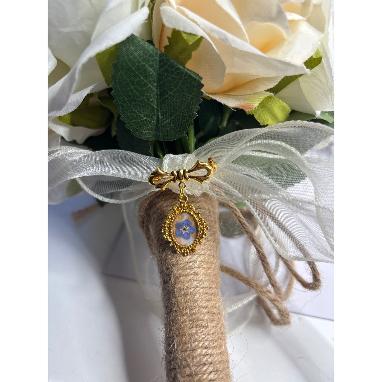 Bridal Bouquet Brooch: Gold-Plated Vintage Brooch With Real Pressed Forget-Me-Not