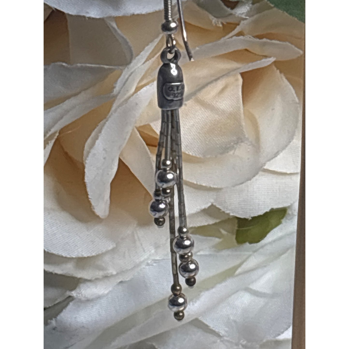 Vintage QT 925 Sterling Silver Liquid Drop Earrings With Bead Accents