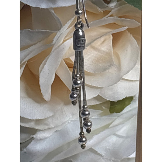 Vintage QT 925 Sterling Silver Liquid Drop Earrings With Bead Accents