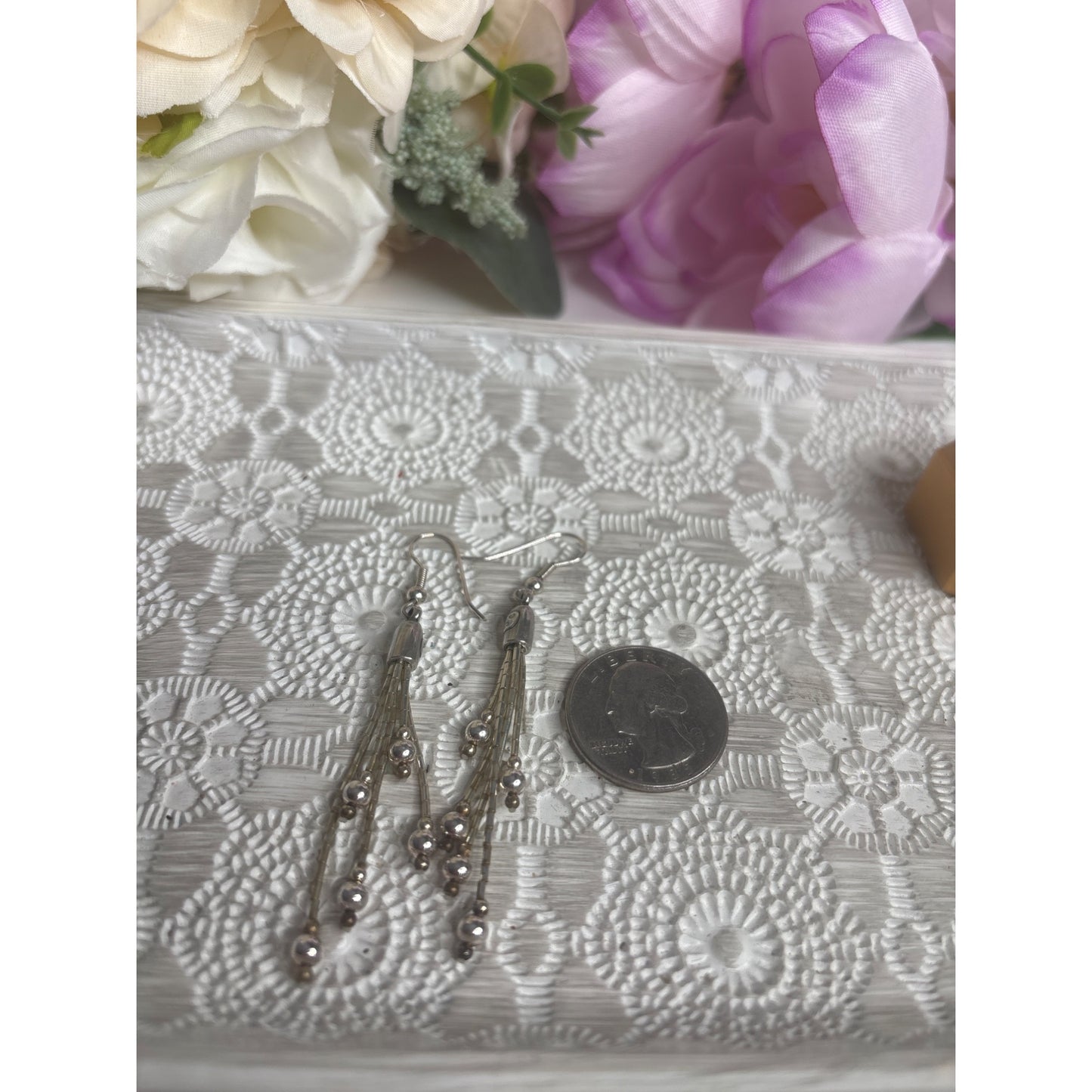 Vintage QT 925 Sterling Silver Liquid Drop Earrings With Bead Accents