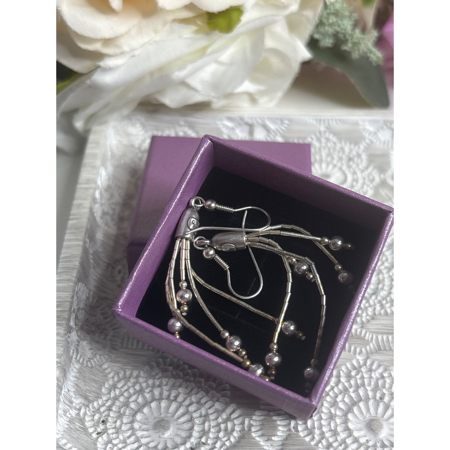 Vintage QT 925 Sterling Silver Liquid Drop Earrings With Bead Accents