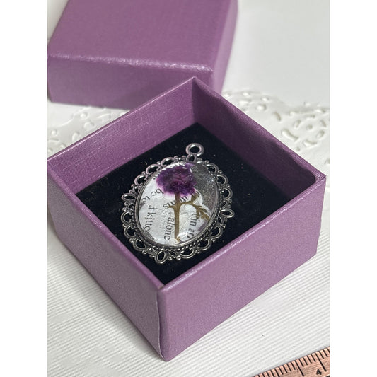 Pressed Flower Pendant with Vintage Book Words – Recycled Literary Keepsake Necklace Purple