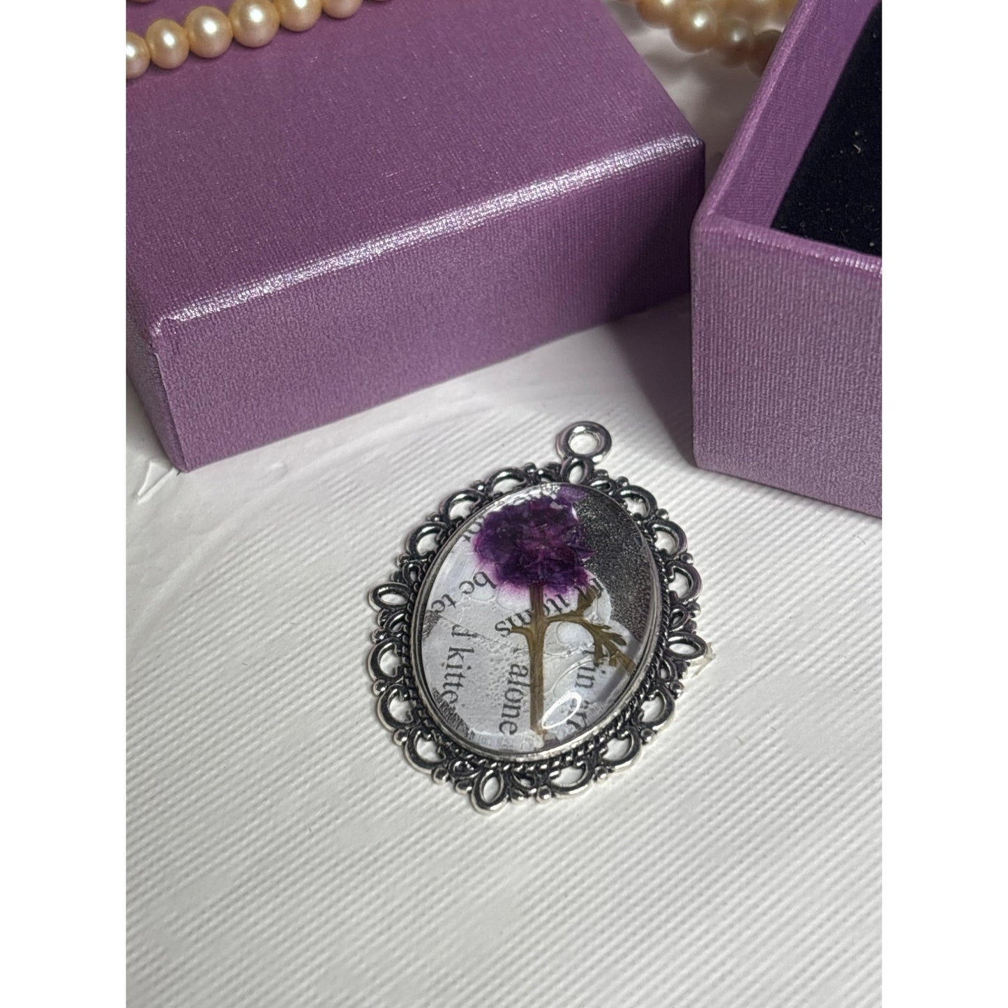 Pressed Flower Pendant with Vintage Book Words – Recycled Literary Keepsake Necklace Purple