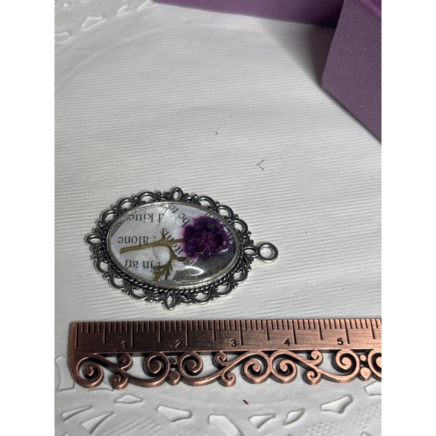 Pressed Flower Pendant with Vintage Book Words – Recycled Literary Keepsake Necklace Purple