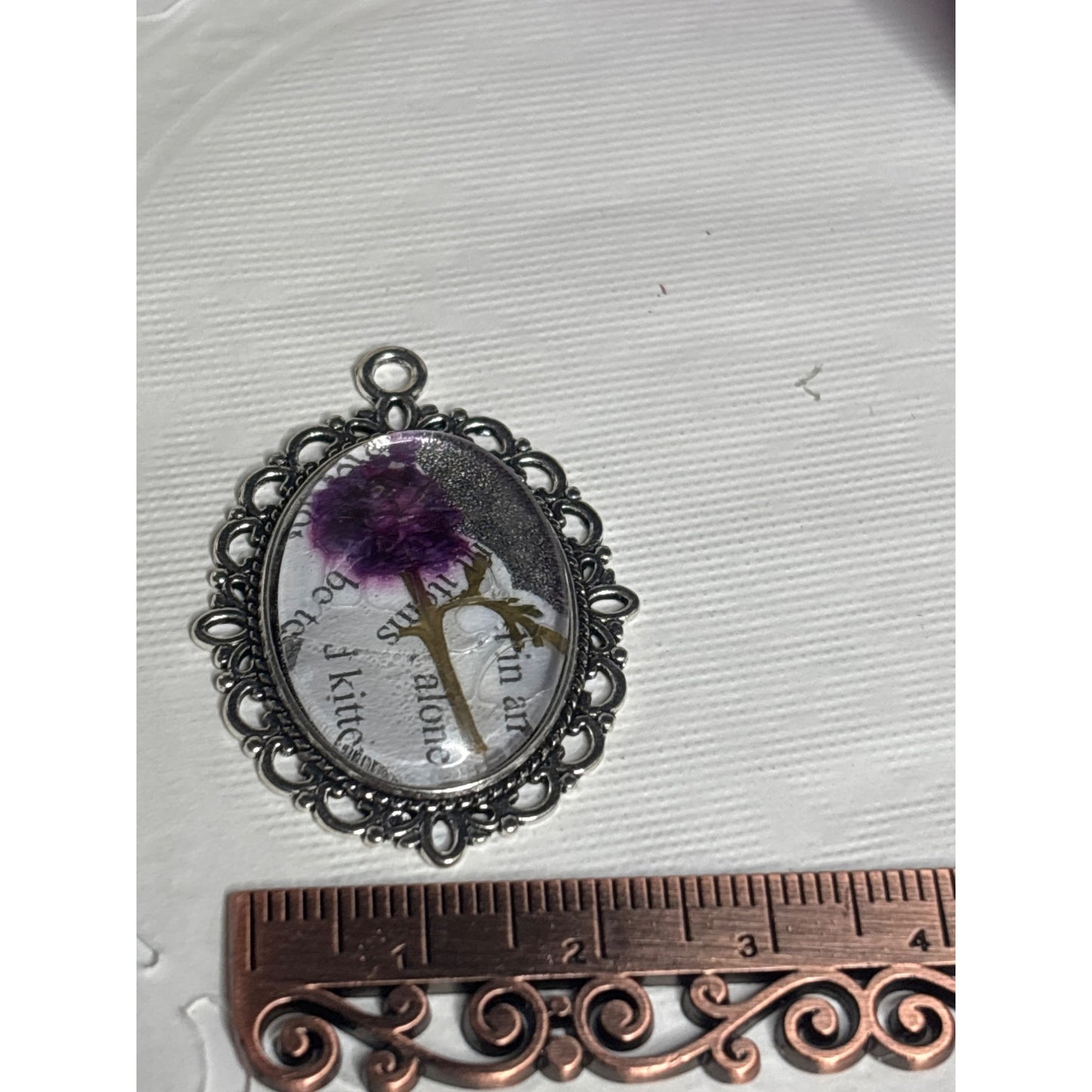 Pressed Flower Pendant with Vintage Book Words – Recycled Literary Keepsake Necklace Purple
