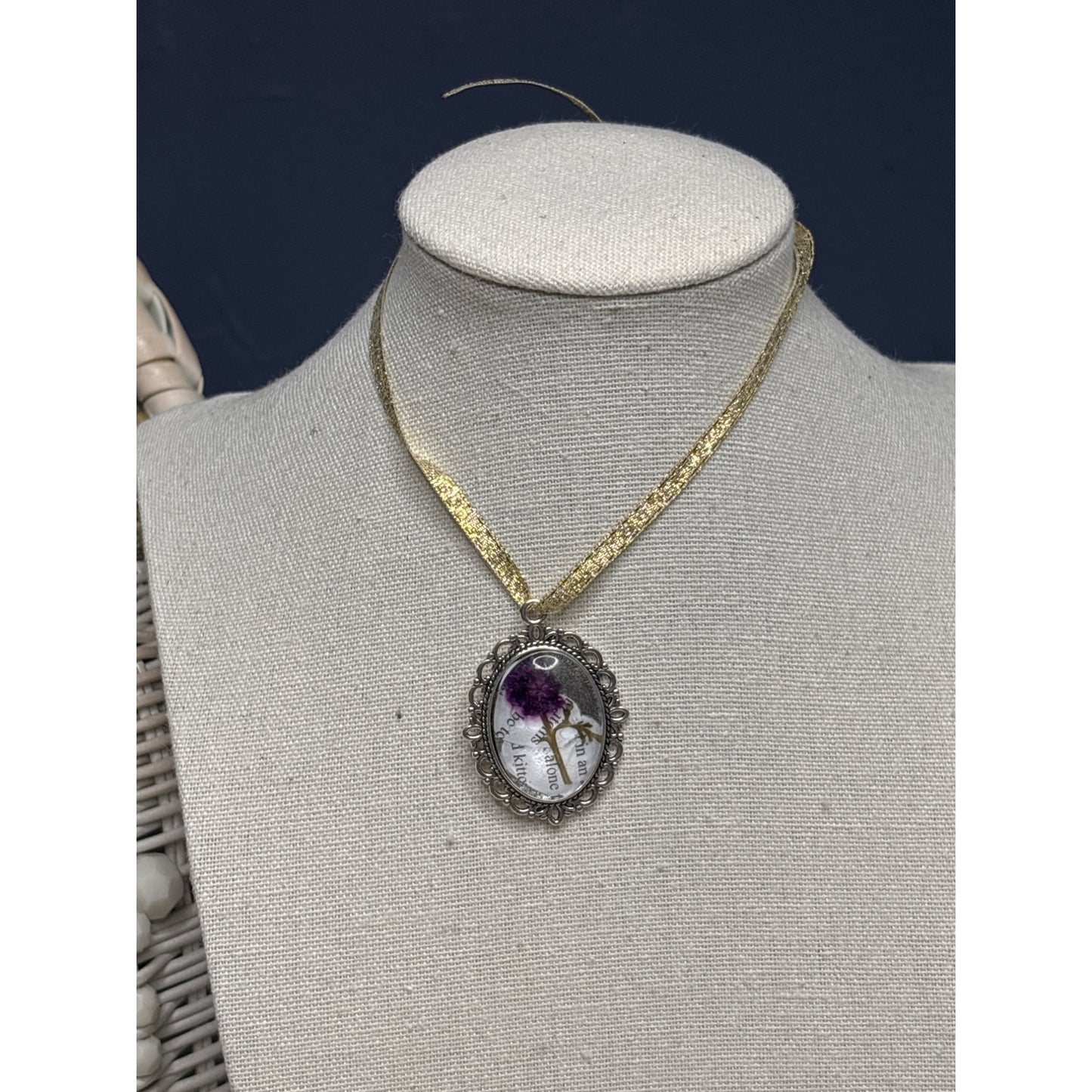 Pressed Flower Pendant with Vintage Book Words – Recycled Literary Keepsake Necklace Purple